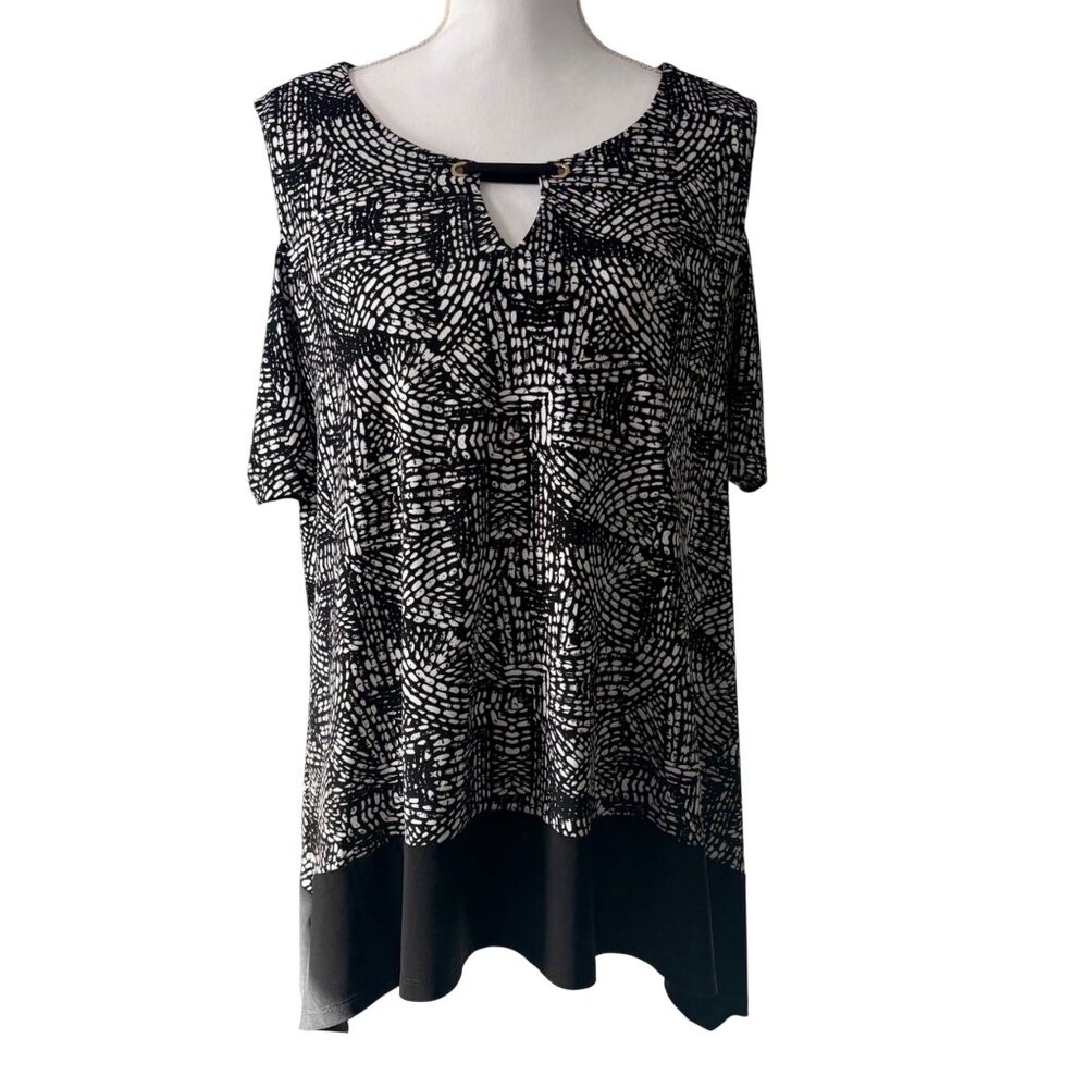 Rafaella Black/White Flowy Longline Blouse Tunic Top Cold Shoulder Womens 1X